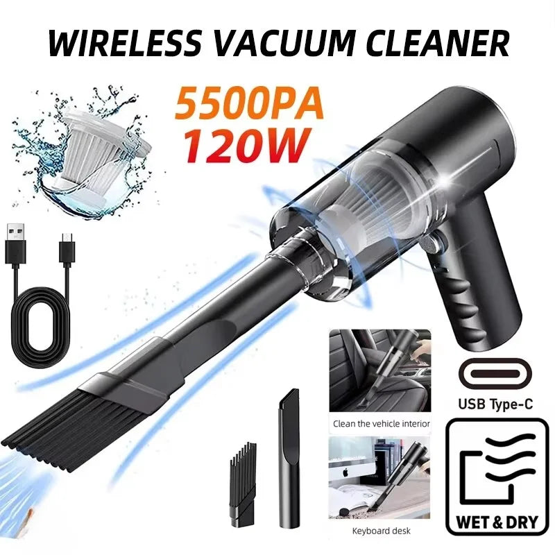 Aspirador Portátil Sem Fio 120W Recarregável – Limpeza Rápida para Carro e Casa